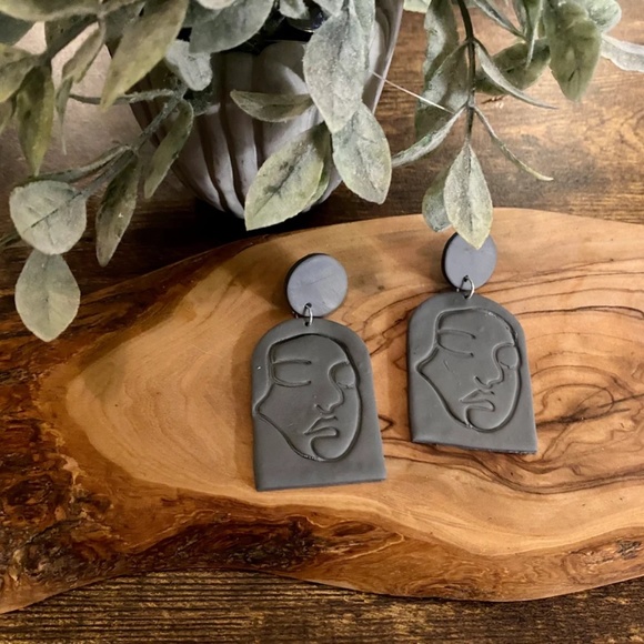 Handmade Clay Earrings | Face Outline Statue | Solid Grey | Push Backs - Picture 8 of 11